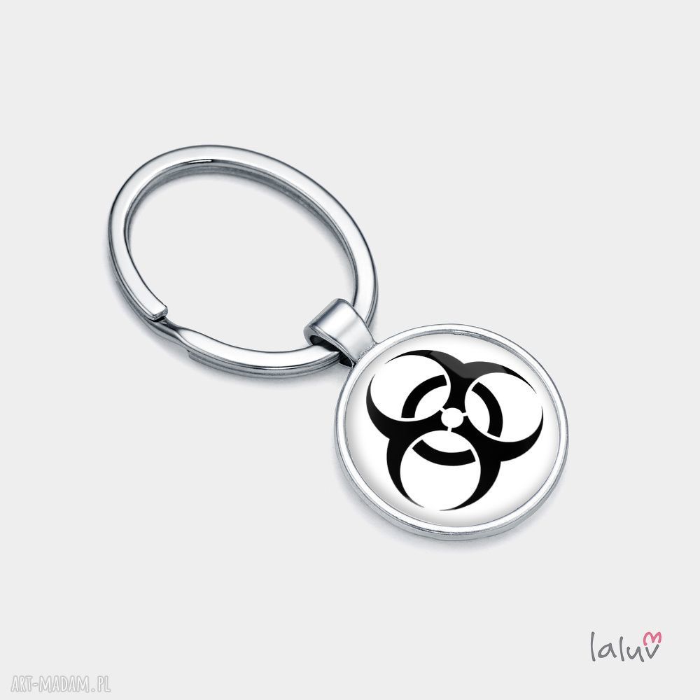Ręcznie robiony brelok do kluczy BIOHAZARD - srebrna baza, wypukłe szkło (28 mm)