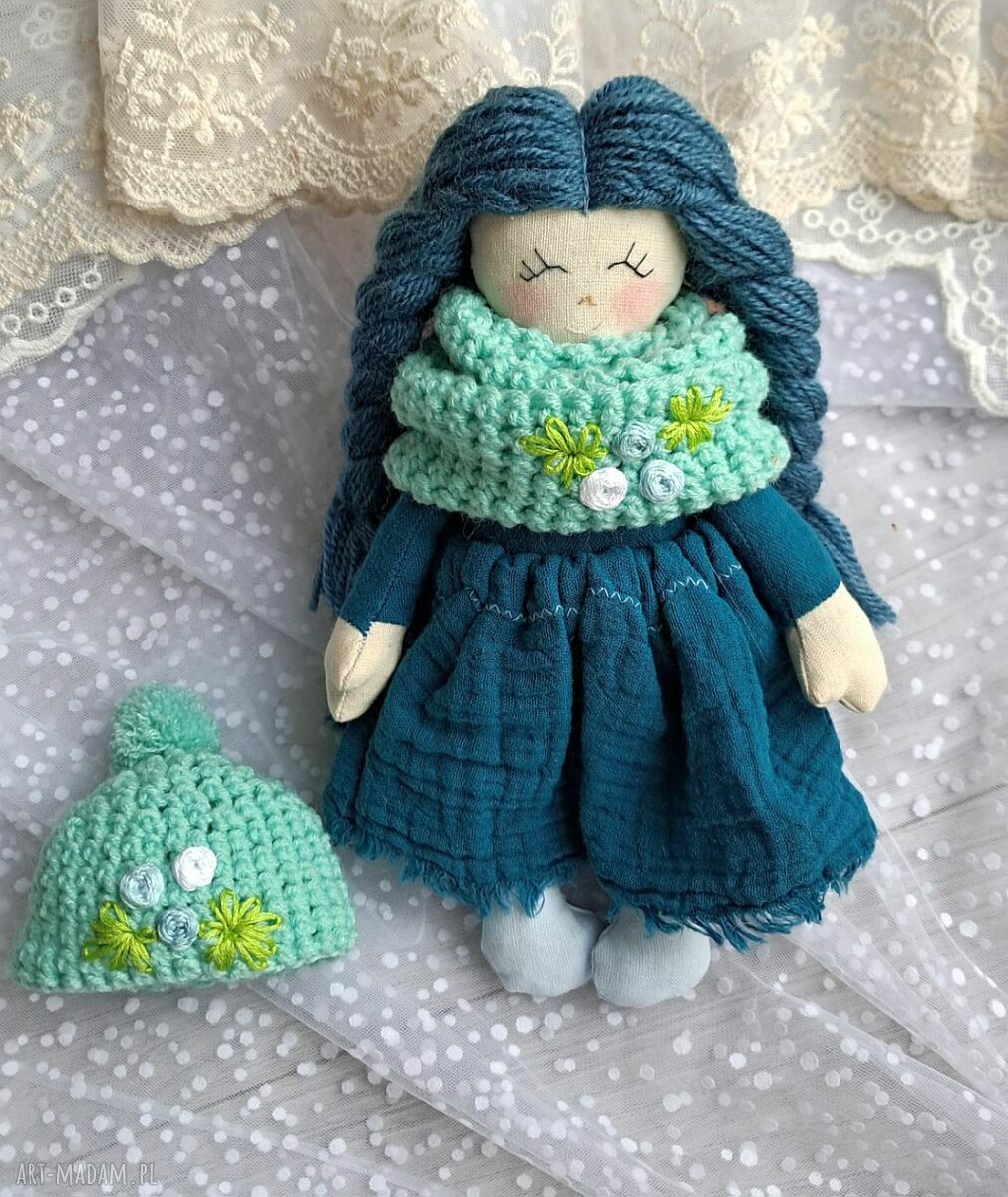 Niebieska laleczka Ewunia - ręcznie szyta przytulanka 23 cm
