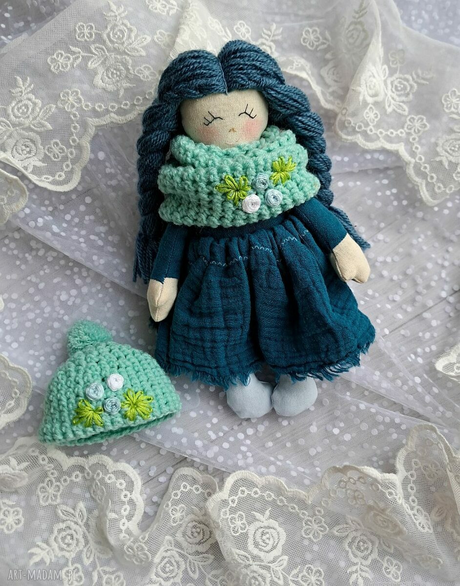 Niebieska laleczka Ewunia - ręcznie szyta przytulanka 23 cm