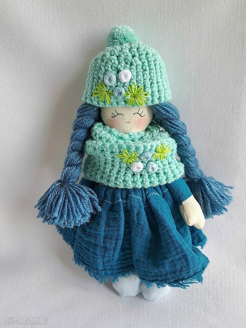 Niebieska laleczka Ewunia - ręcznie szyta przytulanka 23 cm