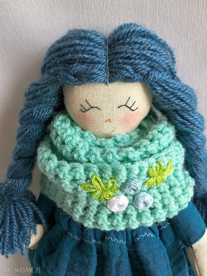 Niebieska laleczka Ewunia - ręcznie szyta przytulanka 23 cm