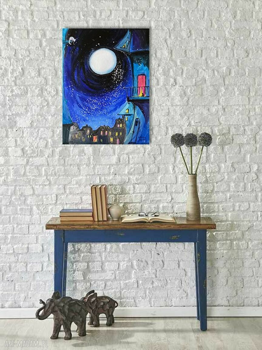 „Niebieska Noc” - ręcznie malowany obraz akrylowy na płótnie 40x30 cm z księżycem, gwiazdami i kotami