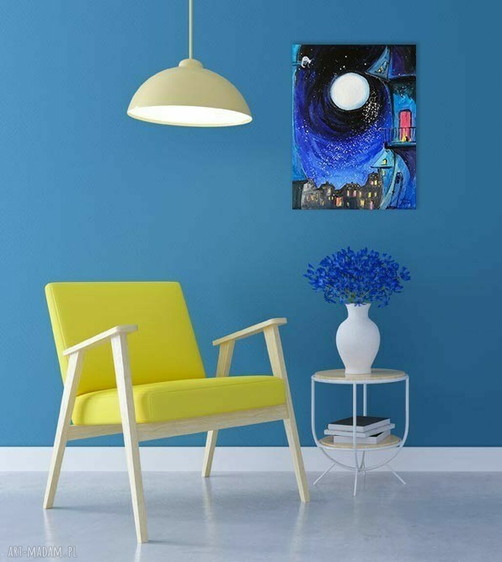 „Niebieska Noc” - ręcznie malowany obraz akrylowy na płótnie 40x30 cm z księżycem, gwiazdami i kotami