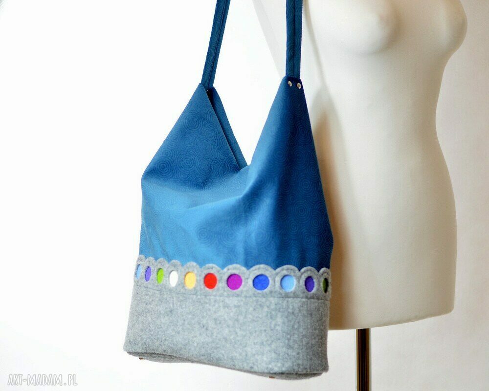Niebieska Torba na Ramię HOBO Z Kolorowymi Kropkami handmade