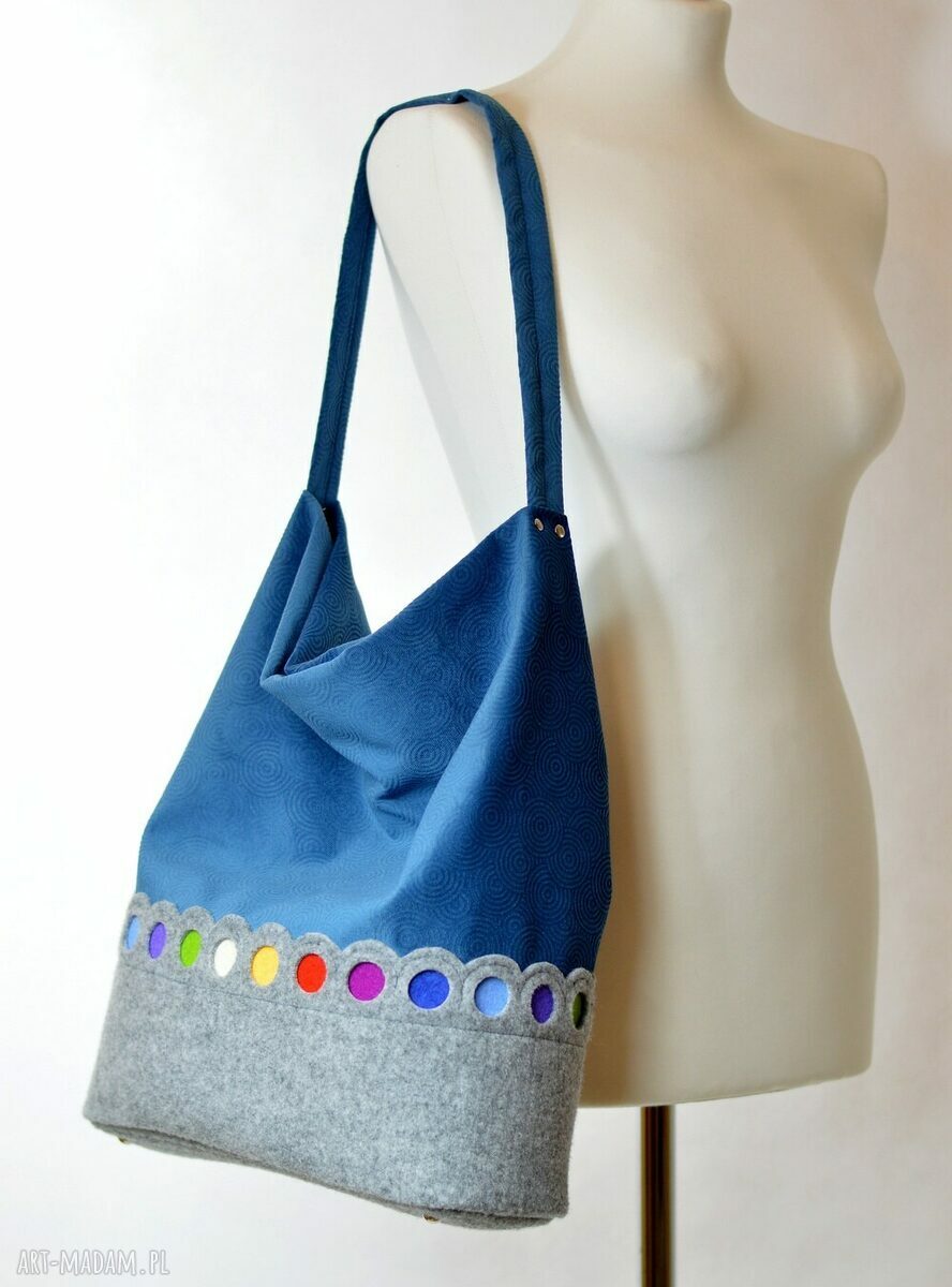 Niebieska Torba na Ramię HOBO Z Kolorowymi Kropkami handmade