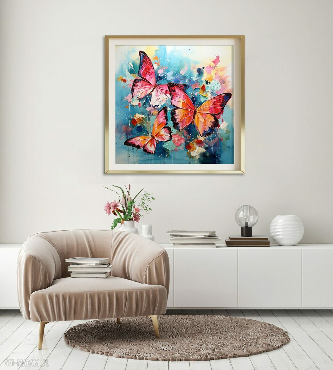 Plakat z abstrakcyjnymi motylami 50x50 cm - niebieski obraz do salonu