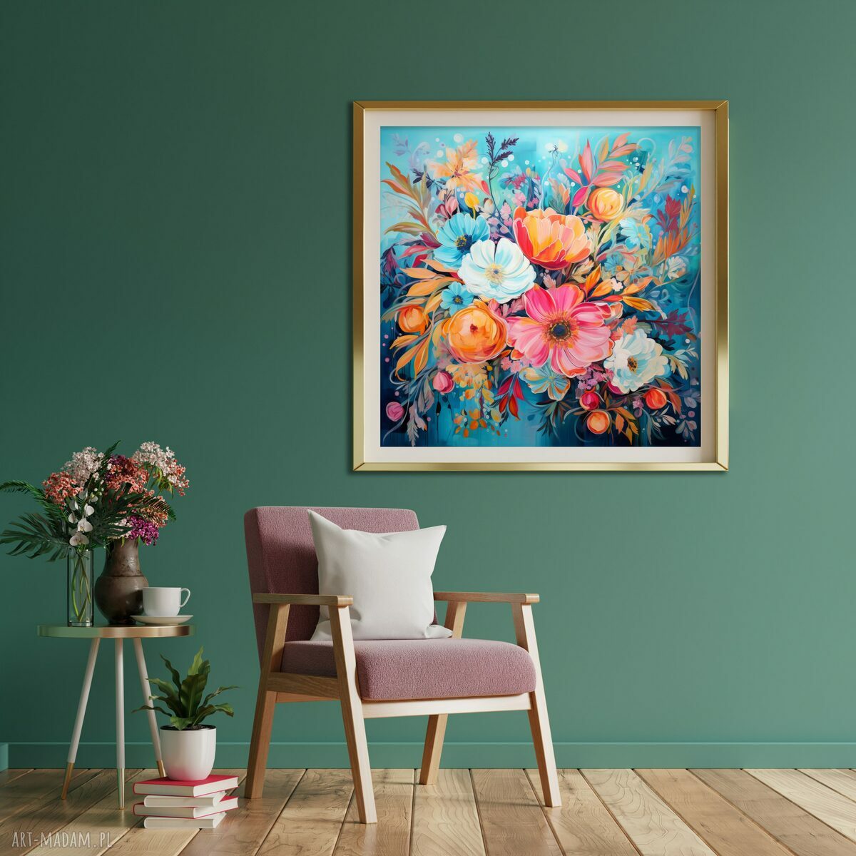 Niebieski plakat z pomarańczowymi kwiatami 40x40 cm - kwadratowy obraz florystyczny