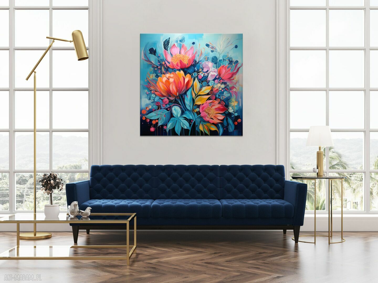 Niebieski obraz z kwiatami na płótnie premium 60x60 cm - bez ramy