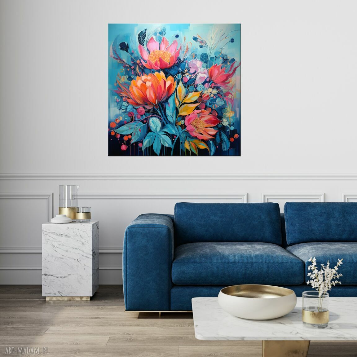 Niebieski obraz z kwiatami na płótnie premium 60x60 cm - bez ramy