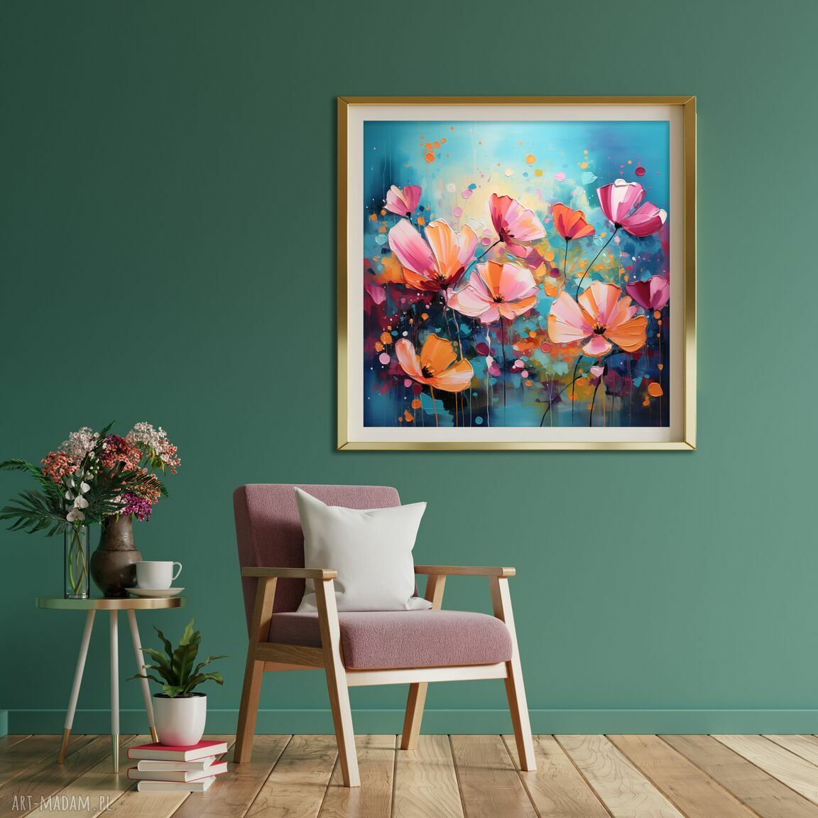 Niebieski obraz z różowymi kwiatami - plakat łąka kwietna 50x50 cm