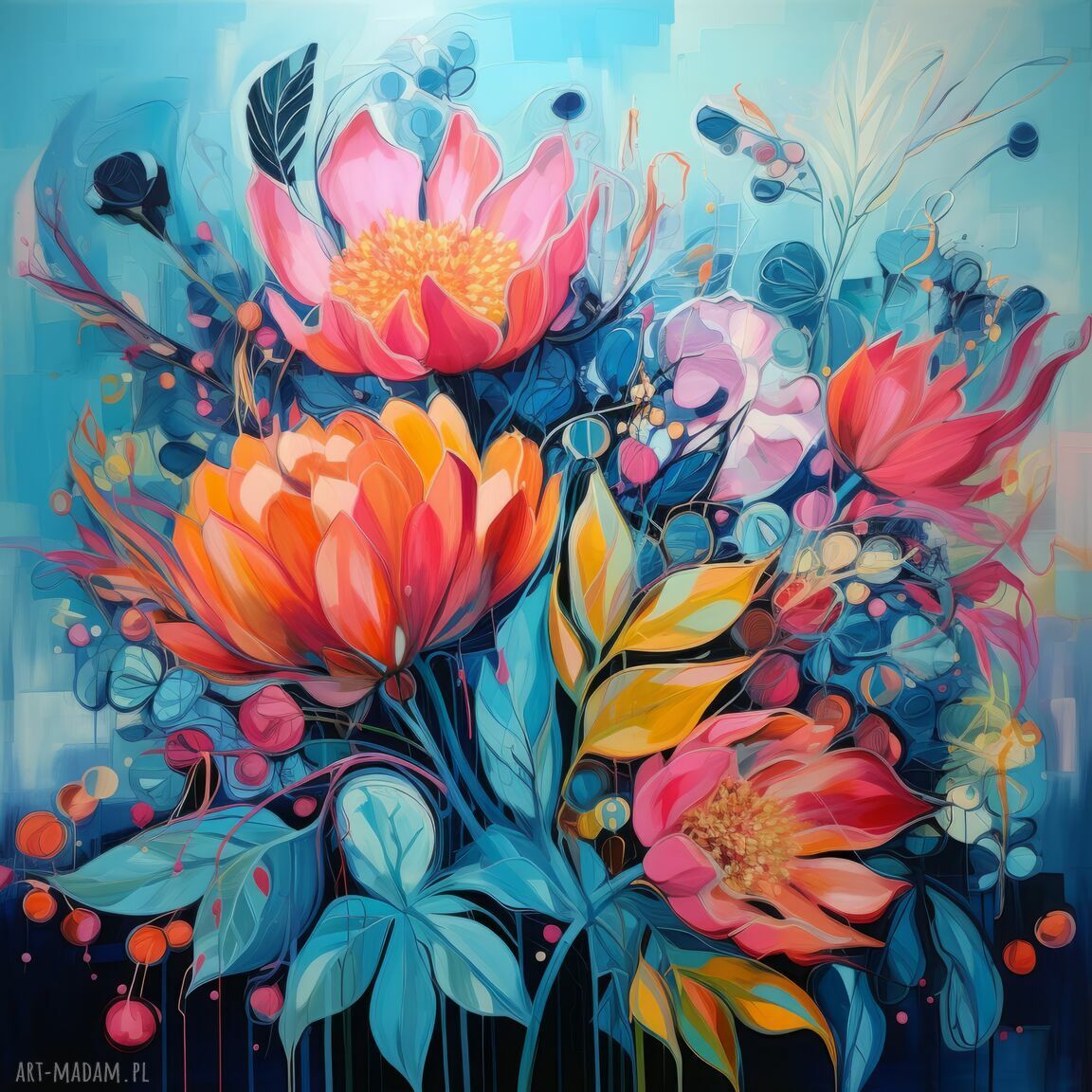 Niebieski obraz z kwiatami na płótnie premium 60x60 cm - bez ramy