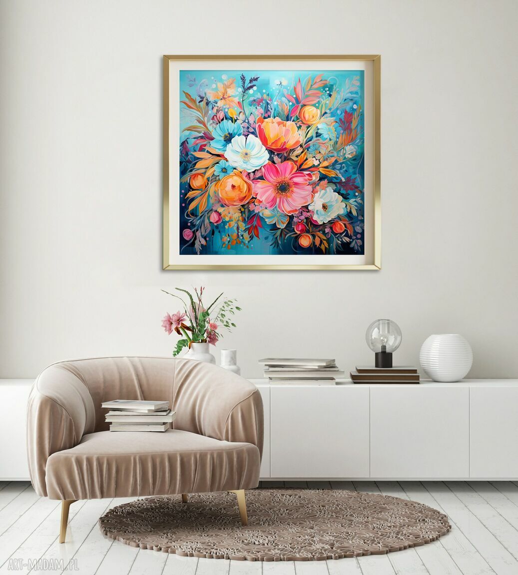 Niebieski plakat z pomarańczowymi kwiatami 40x40 cm - kwadratowy obraz florystyczny