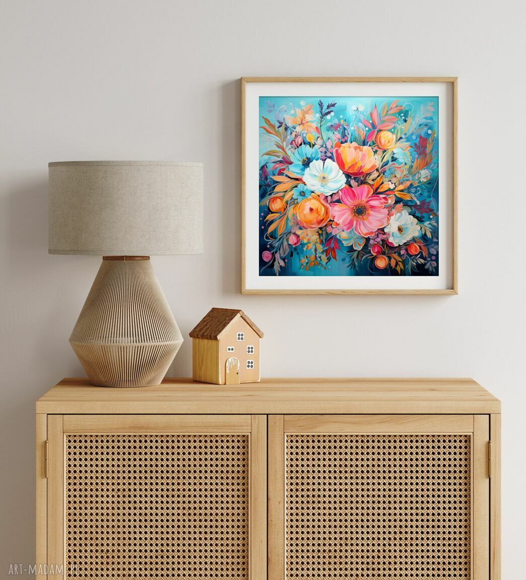 Niebieski plakat z pomarańczowymi kwiatami 40x40 cm - kwadratowy obraz florystyczny