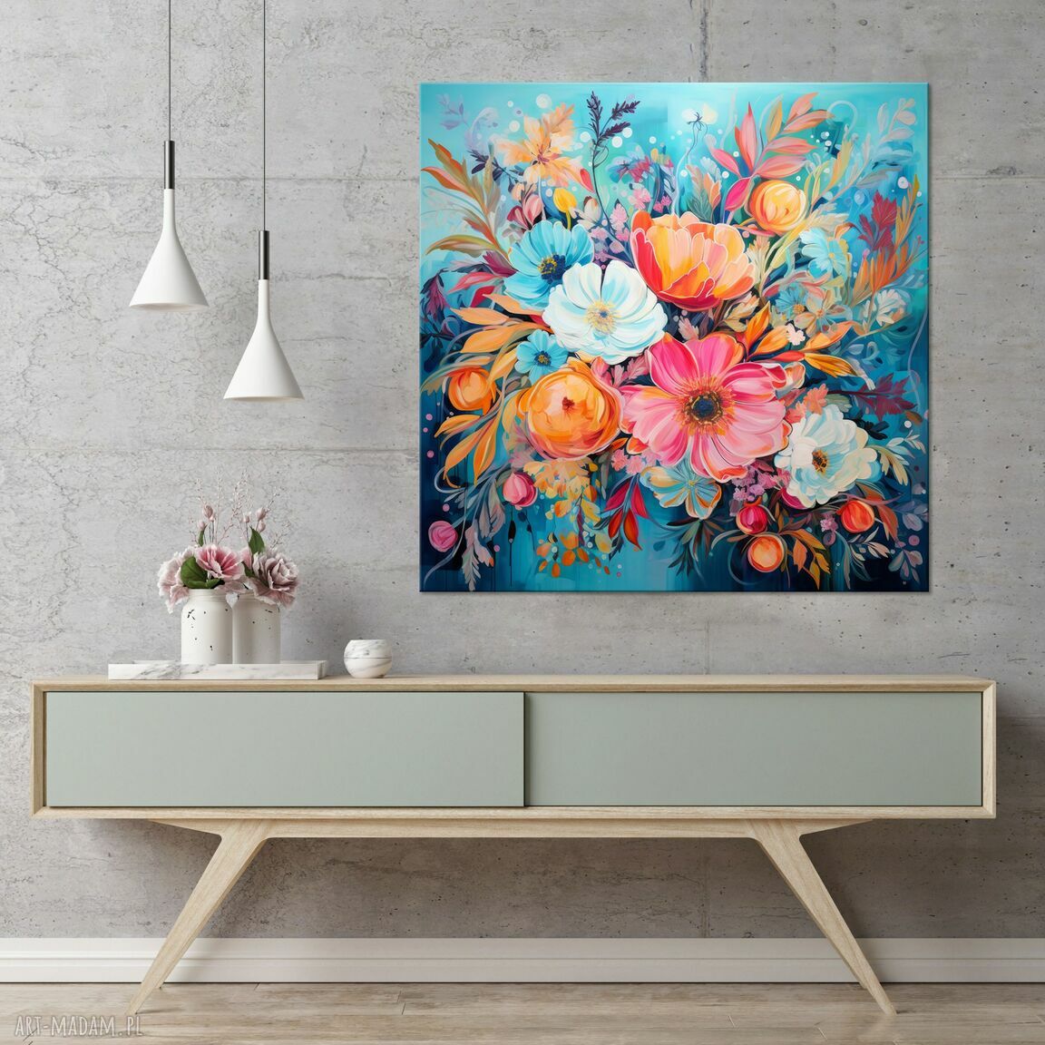 Niebieski plakat z pomarańczowymi kwiatami 40x40 cm - kwadratowy obraz florystyczny