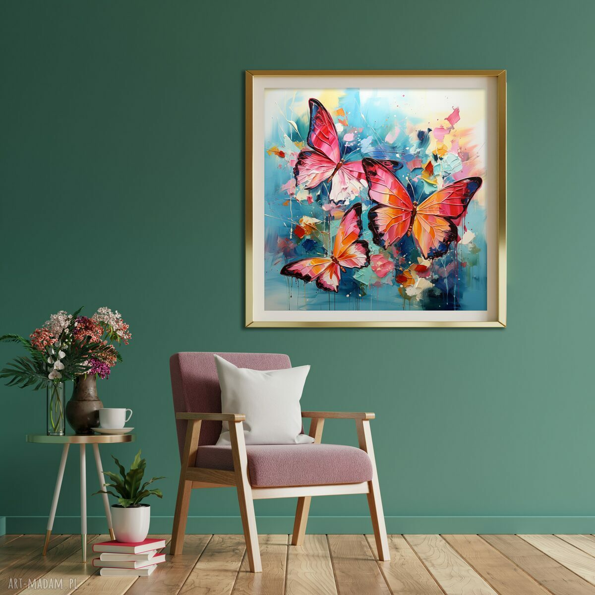 Plakat z abstrakcyjnymi motylami 50x50 cm - niebieski obraz do salonu