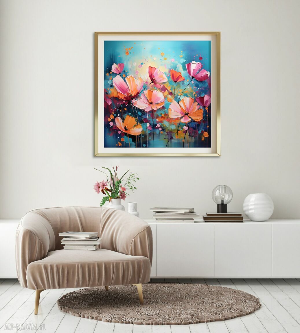 Niebieski obraz z różowymi kwiatami - plakat łąka kwietna 50x50 cm