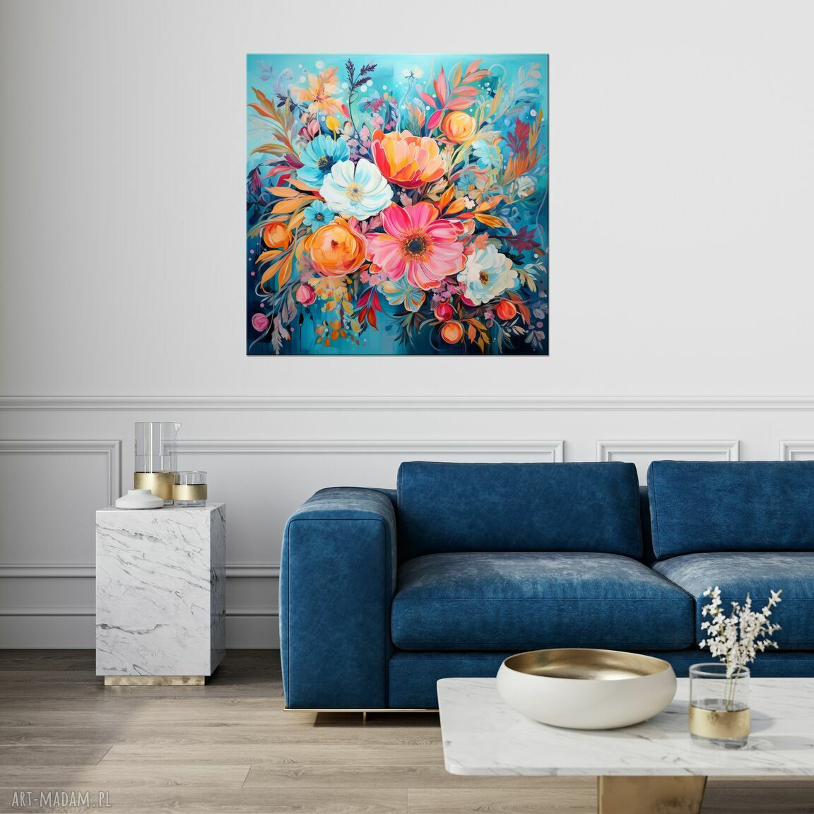 Niebieski plakat z pomarańczowymi kwiatami 40x40 cm - kwadratowy obraz florystyczny