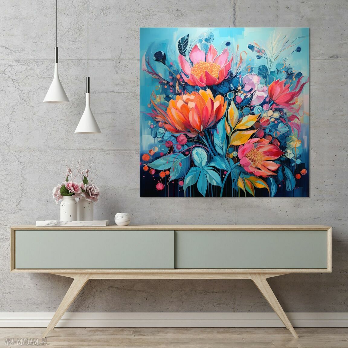Niebieski obraz z kwiatami na płótnie premium 60x60 cm - bez ramy