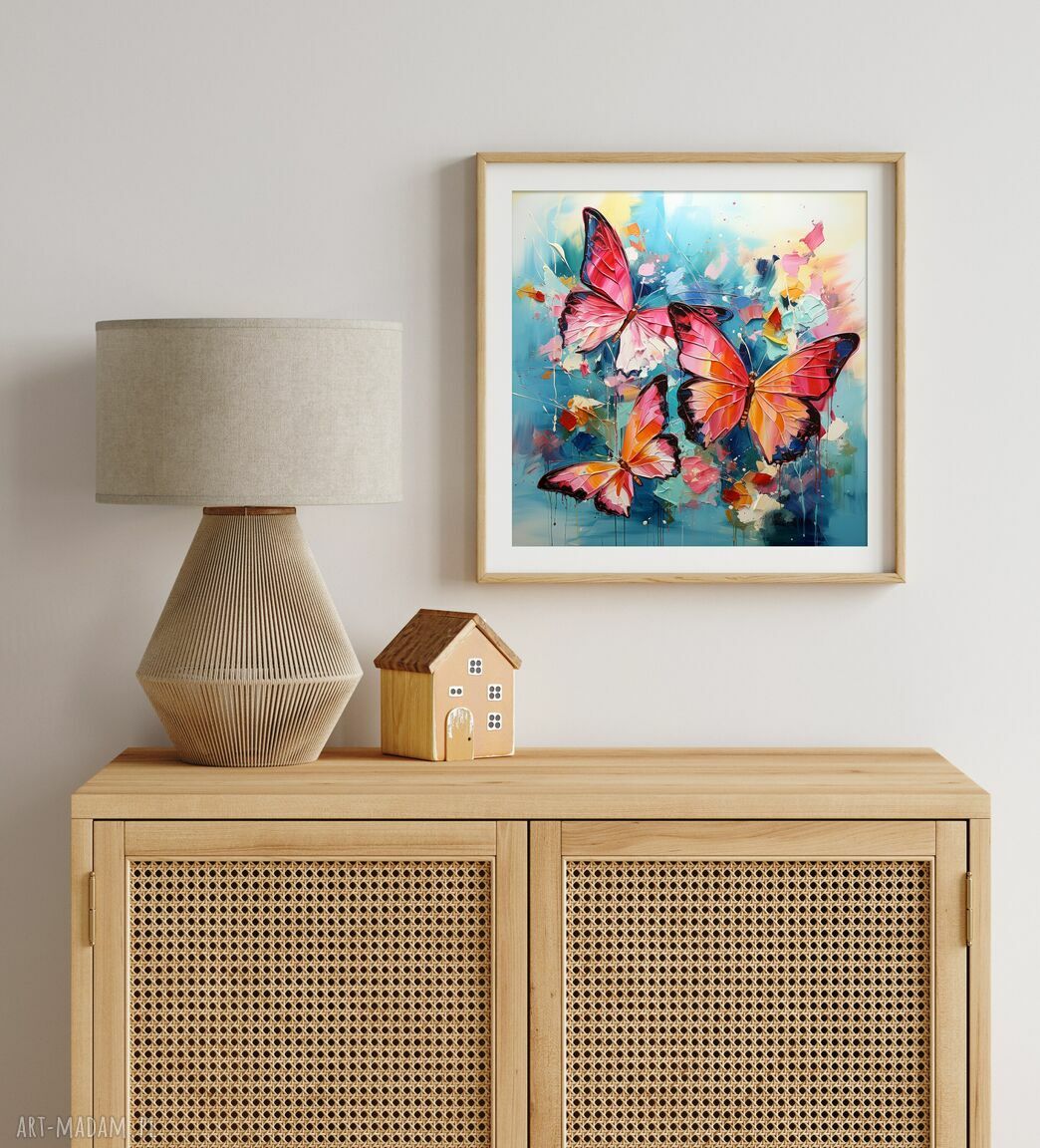 Plakat z abstrakcyjnymi motylami 50x50 cm - niebieski obraz do salonu