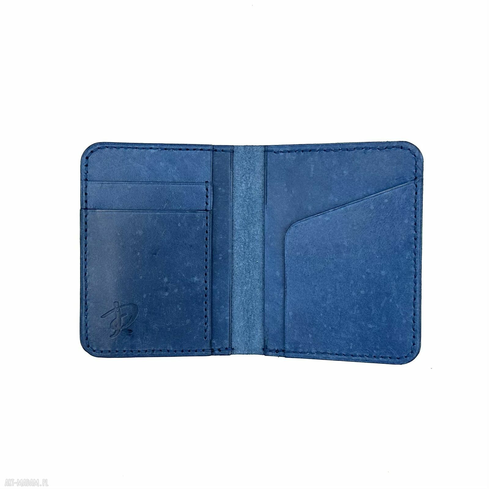 Niebieski portfel ręcznie uszyty skóry garbowanej roślinnie