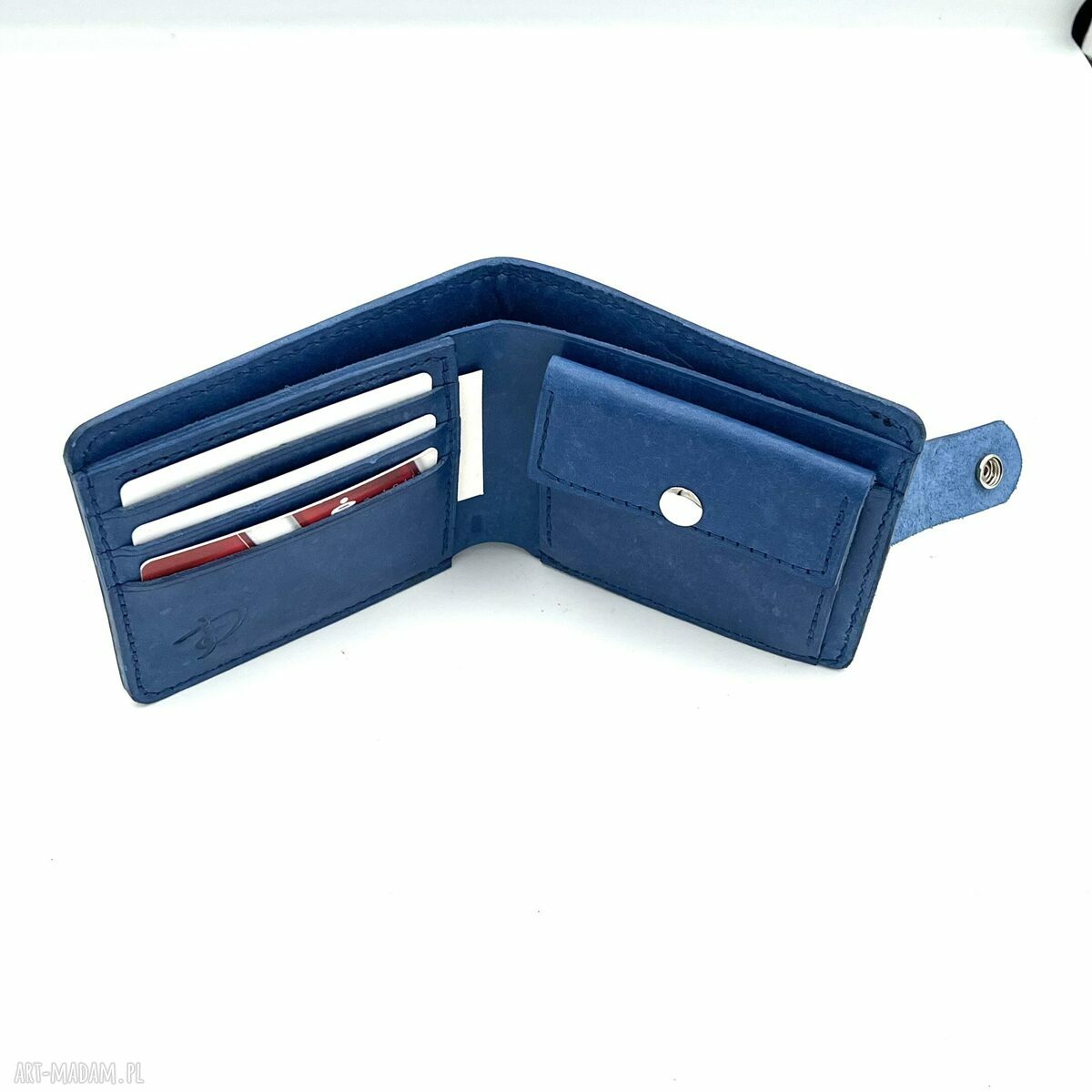 portfele: Niebieski portfel uszyty ze skóry na bilon i karty. ręcznie zrobione