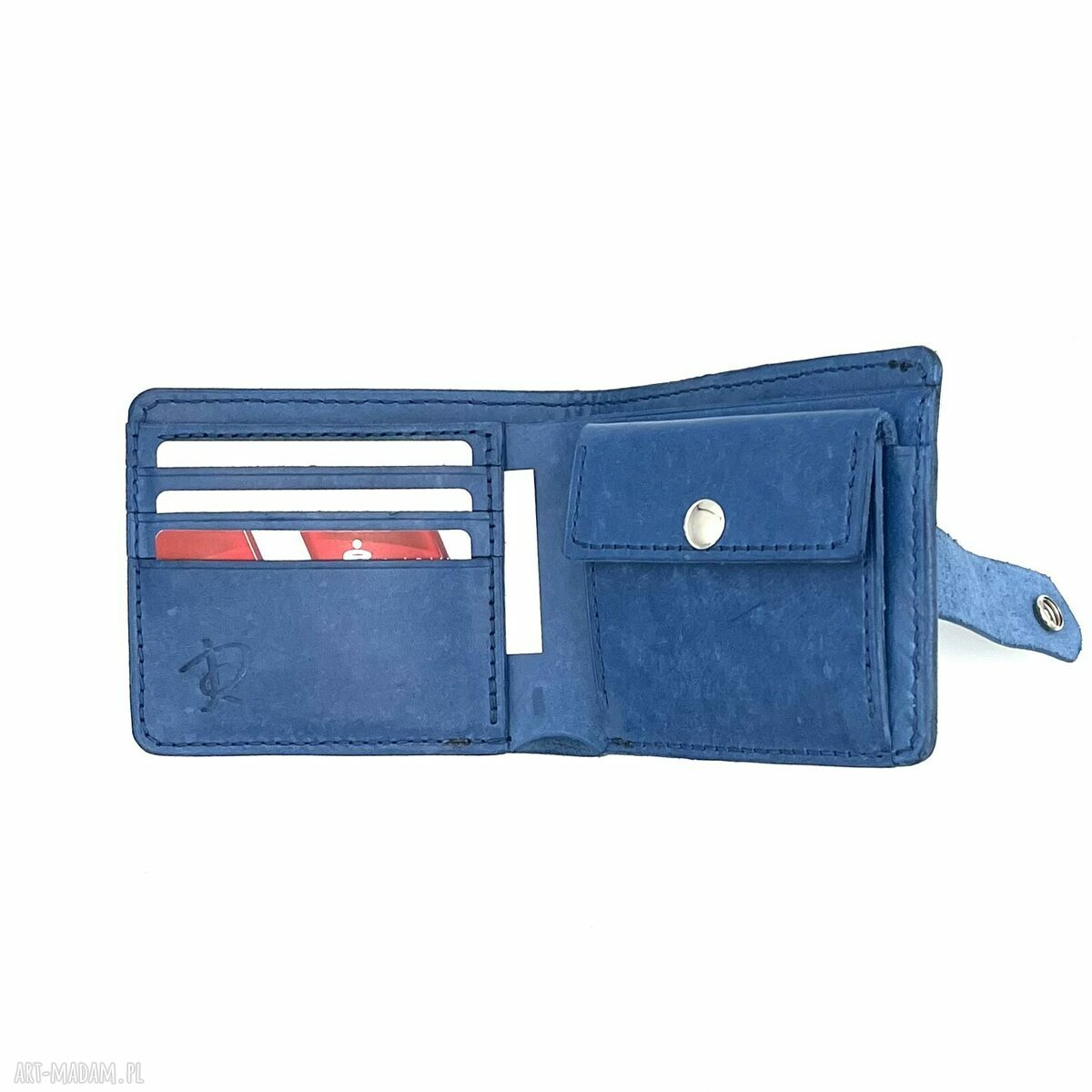portfele: Niebieski portfel uszyty ze skóry na bilon i karty. ręcznie zrobione