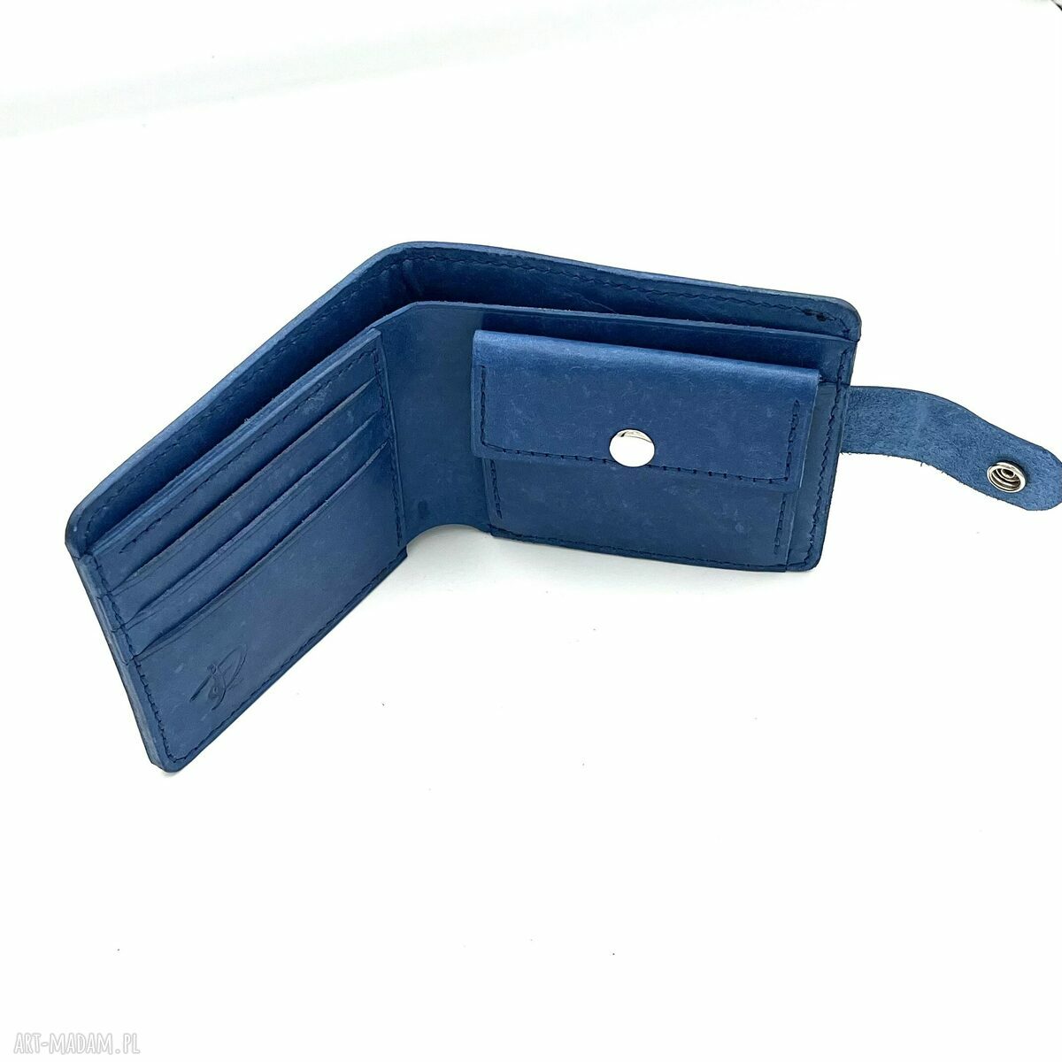 portfele: Niebieski portfel uszyty ze skóry na bilon i karty. ręcznie zrobione