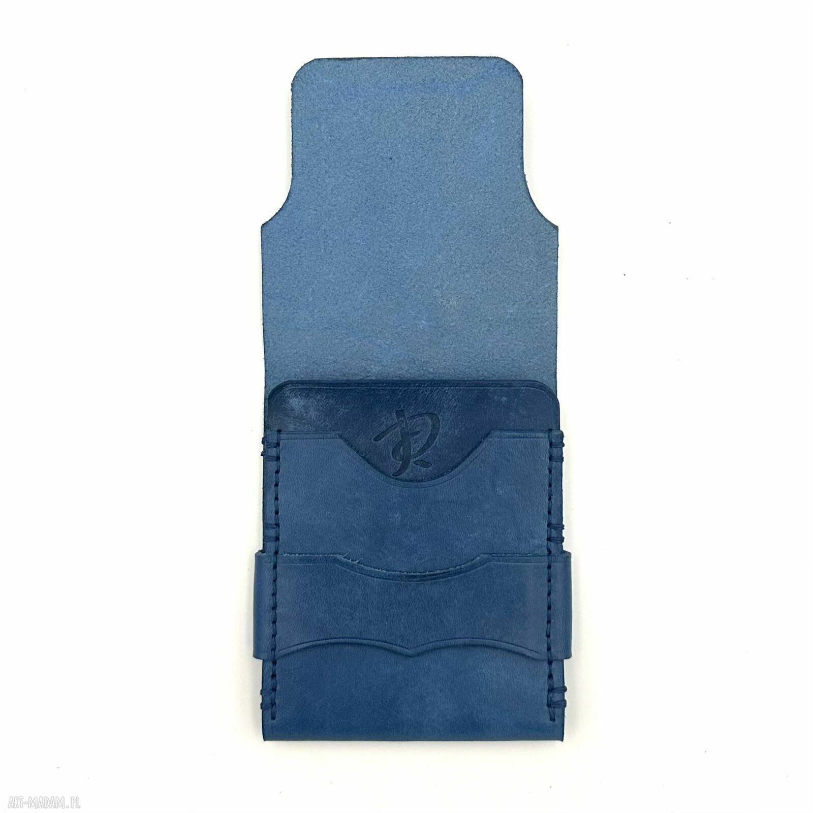 portfele: Niebieski portfel skórzany na karty z klapką ręcznie uszyty.