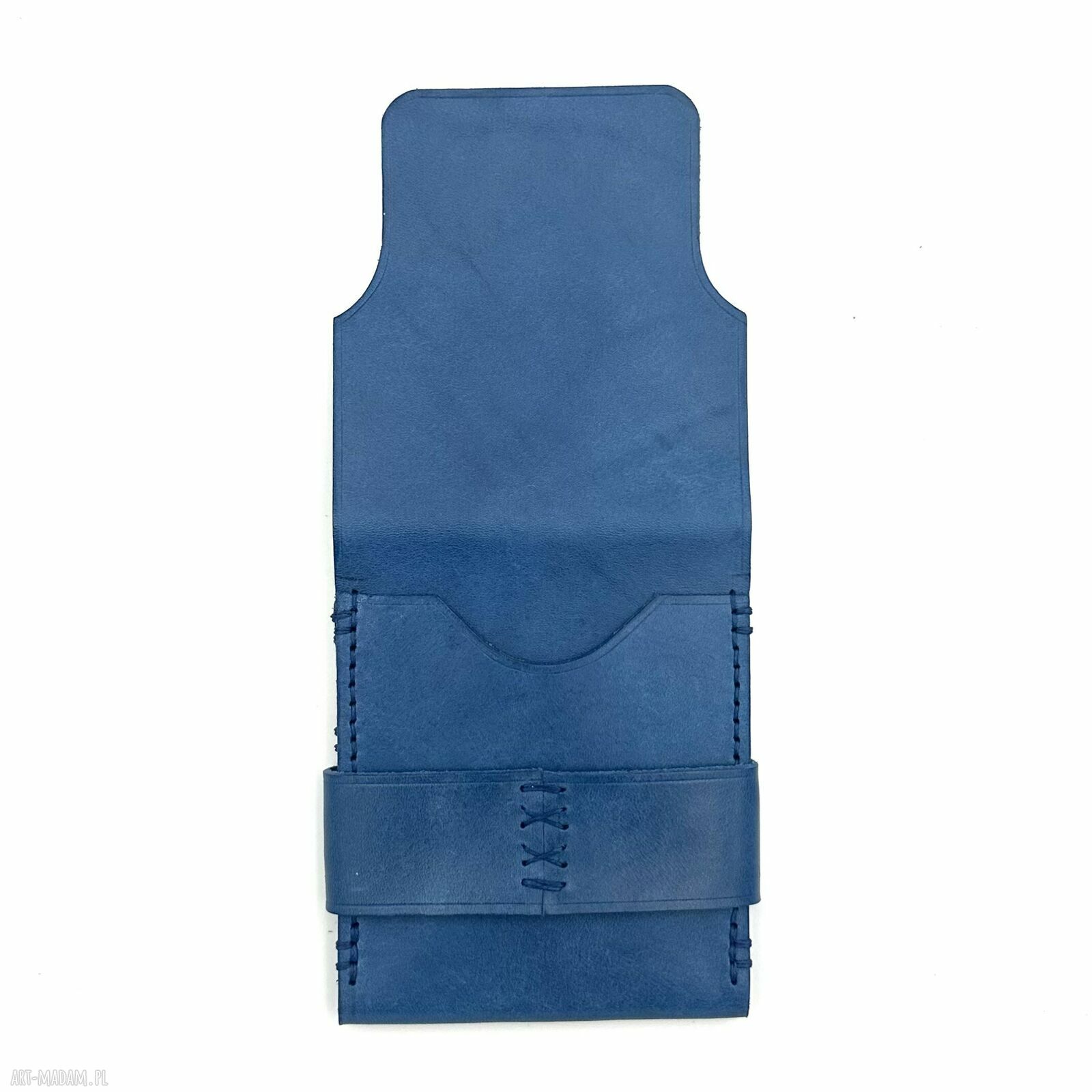 portfele: Niebieski portfel skórzany na karty z klapką ręcznie uszyty.