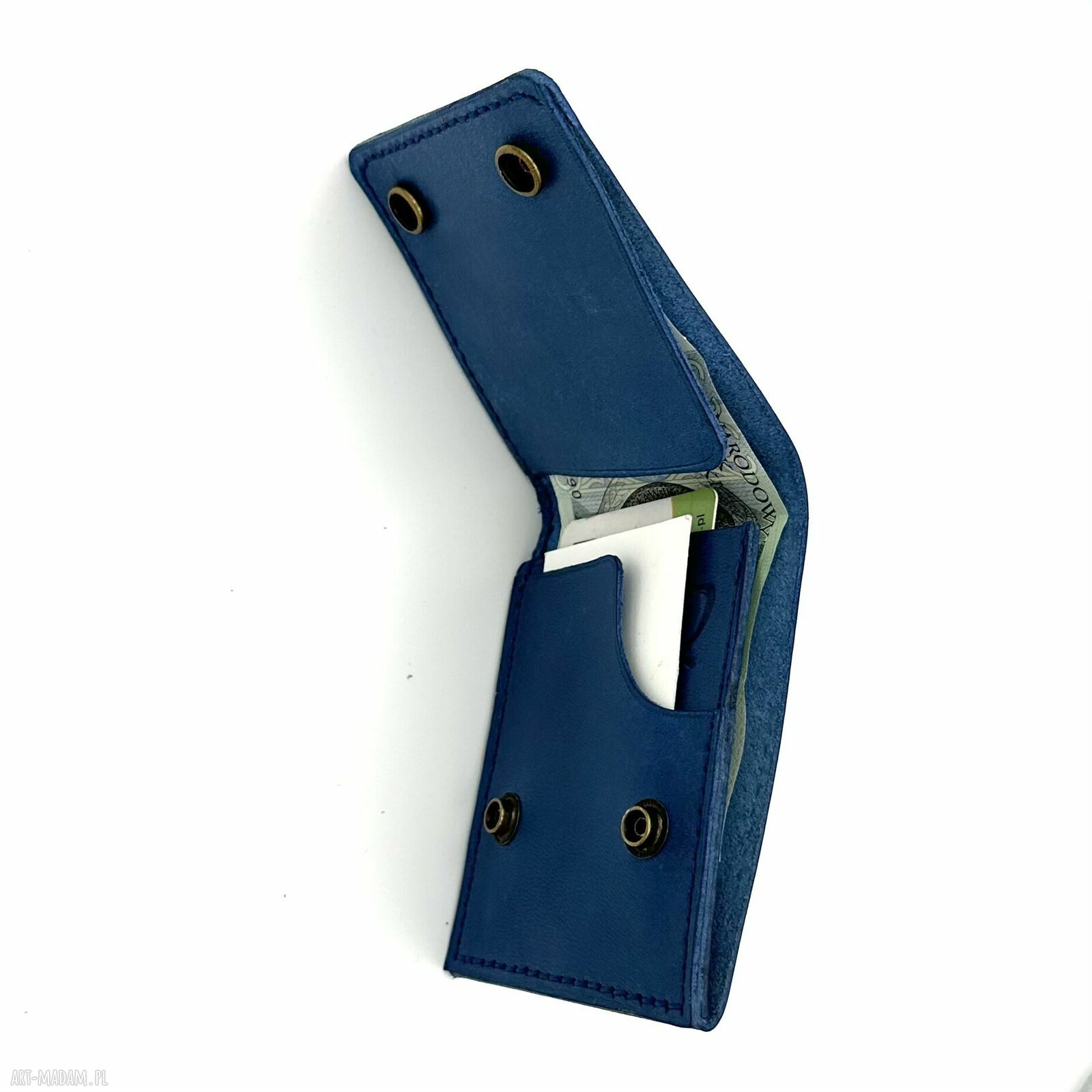 portfele: Niebieski portfel skórzany ręcznie uszyty na karty i banknoty. handmade