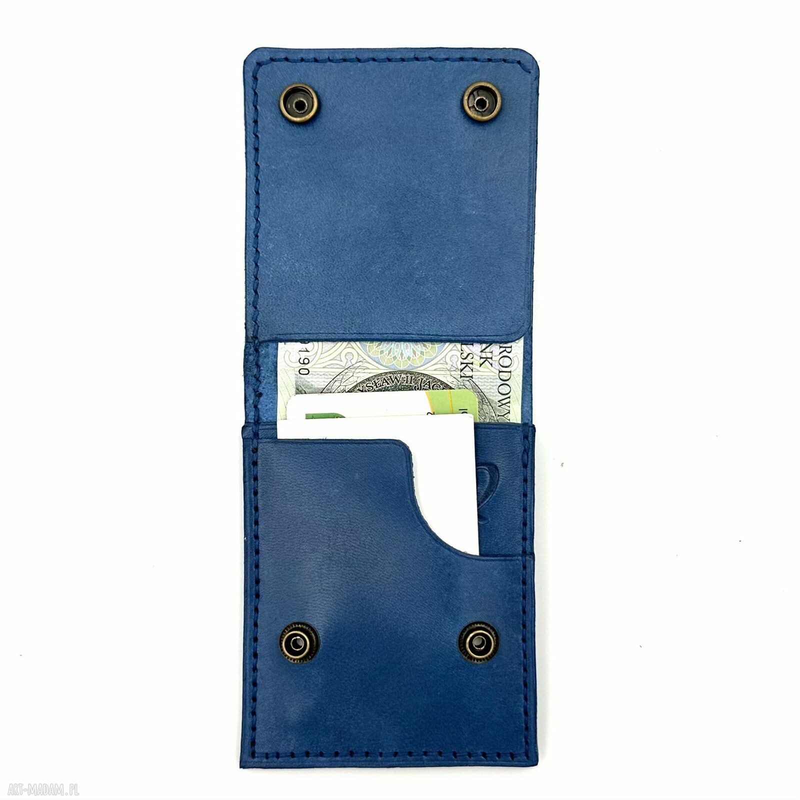 portfele: Niebieski portfel skórzany ręcznie uszyty na karty i banknoty. handmade