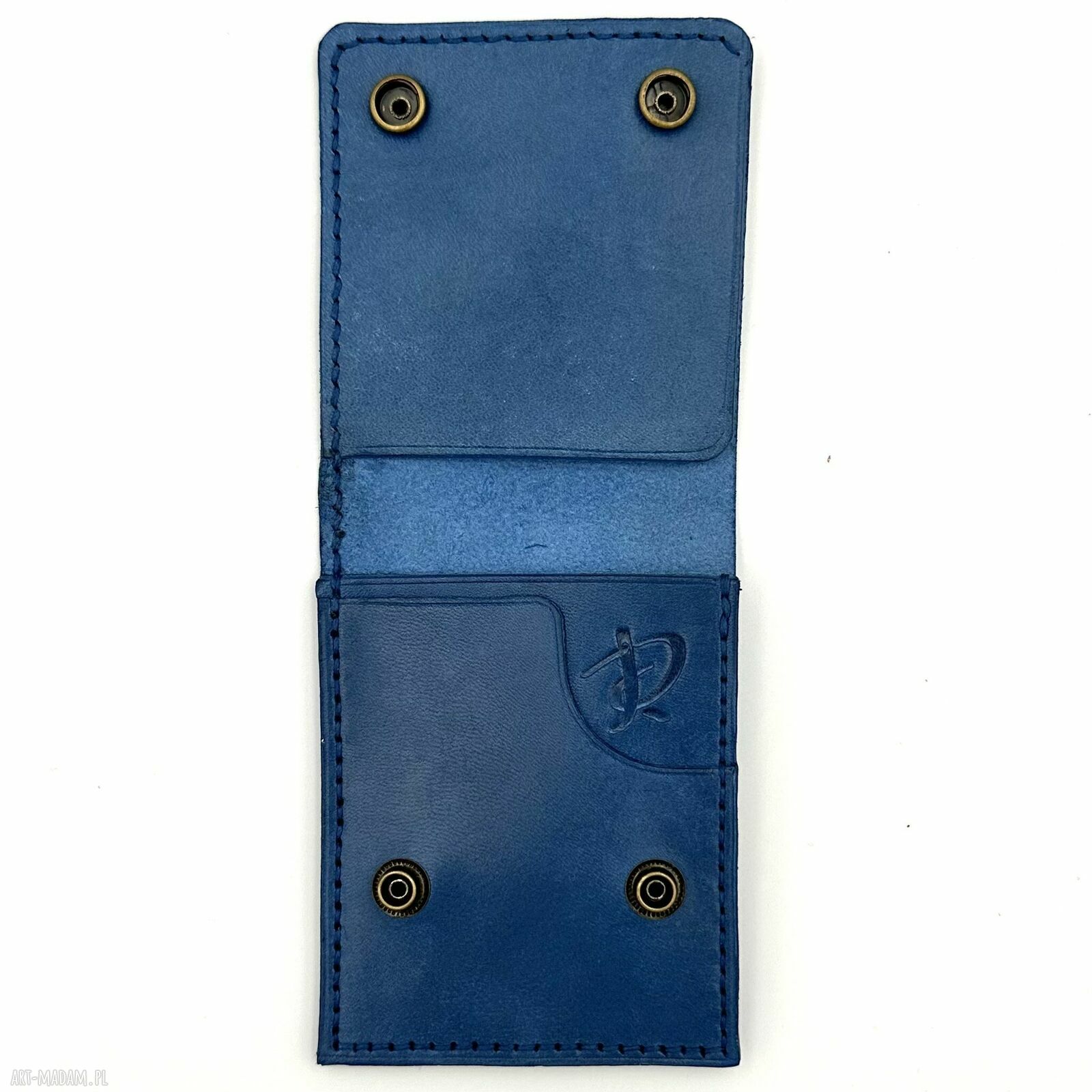portfele: Niebieski portfel skórzany ręcznie uszyty na karty i banknoty. handmade