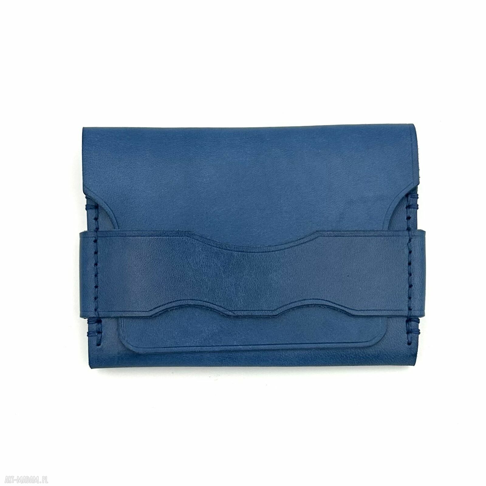 Niebieski portfel skórzany klapką ręcznie uszyty karty damski