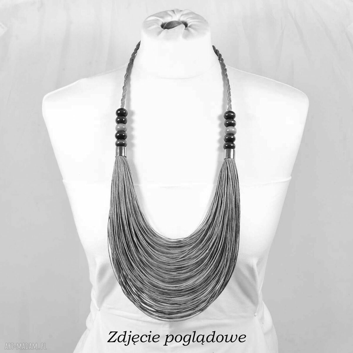 Niebieski stopniowany naszyjnik lniany z drewnianymi koralikami (65 cm)