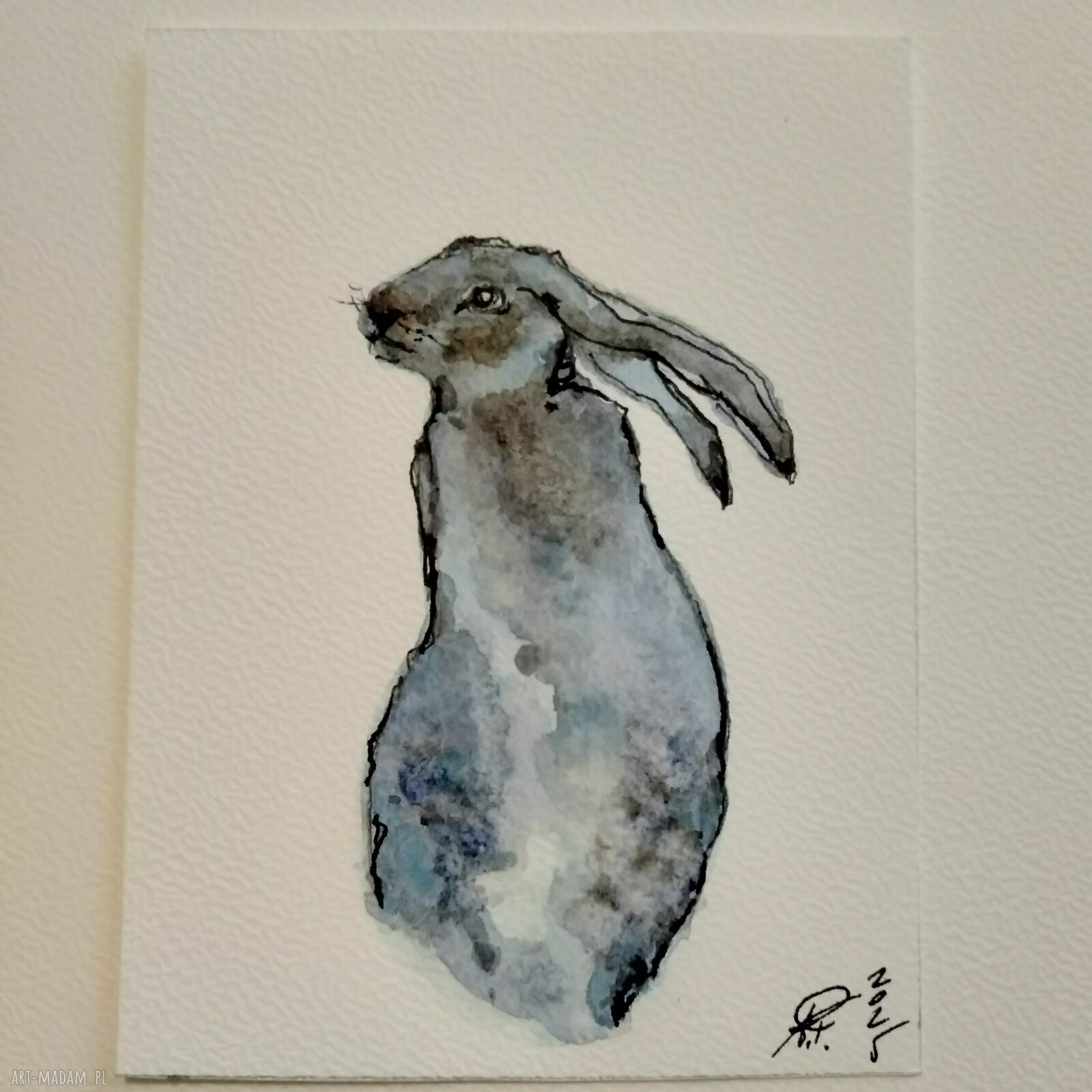 Niebieski zając - akwarela na papierze 250g 10x15 cm