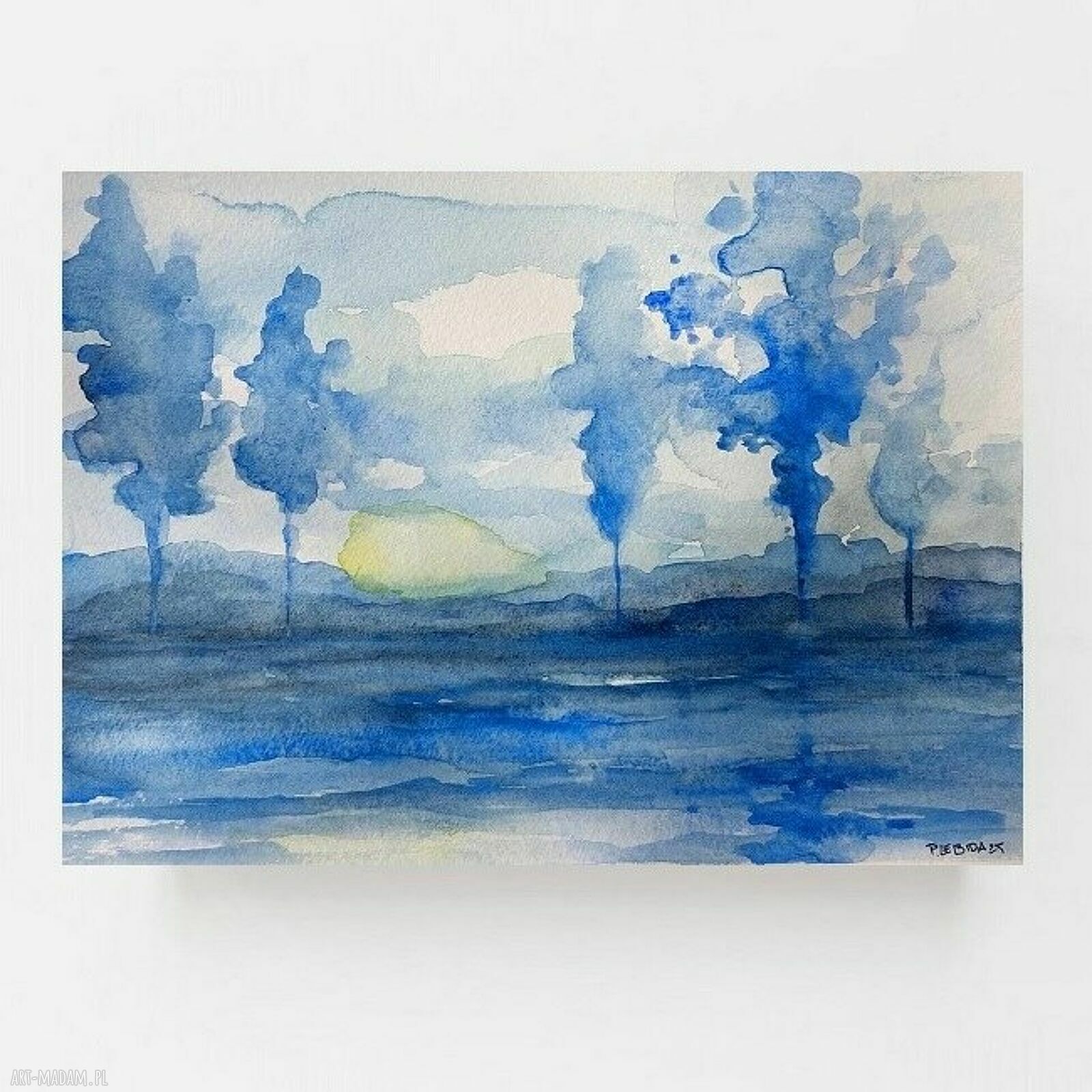 Niebieskie drzewa - akwarela 18 x 25 cm oryginalny obraz
