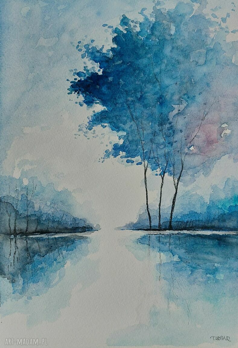 Akwarela „Niebieskie drzewa” w formacie A4