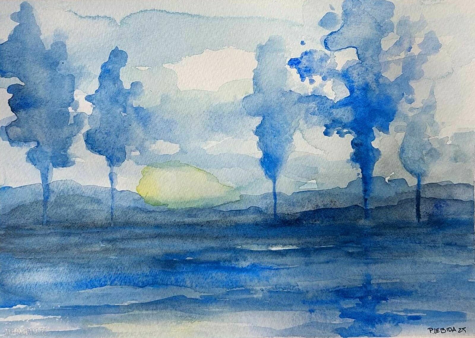 Niebieskie drzewa - akwarela 18 x 25 cm (oryginalny obraz)