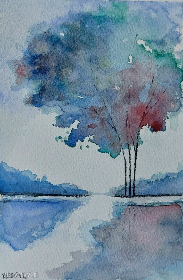 Niebieskie drzewo - akwarela w formacie A5
