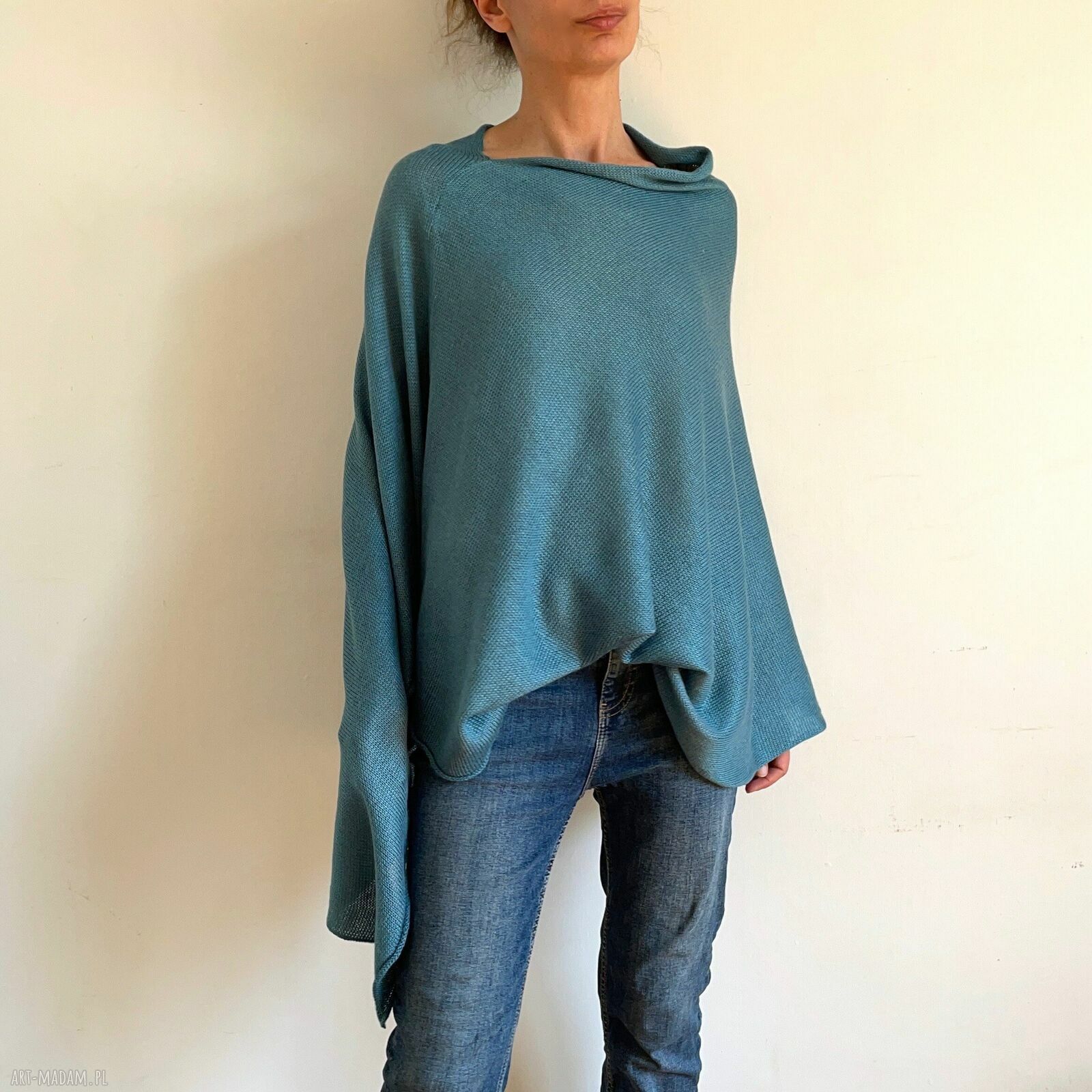 Niebieskie ponczo z wełny merino - ręcznie robiona tunika narzutka oversize