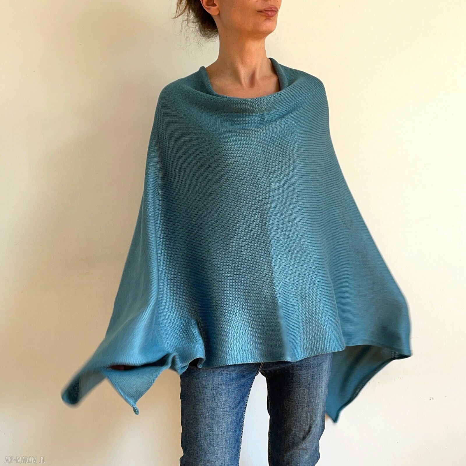 Niebieskie ponczo z wełny merino - ręcznie robiona tunika narzutka oversize