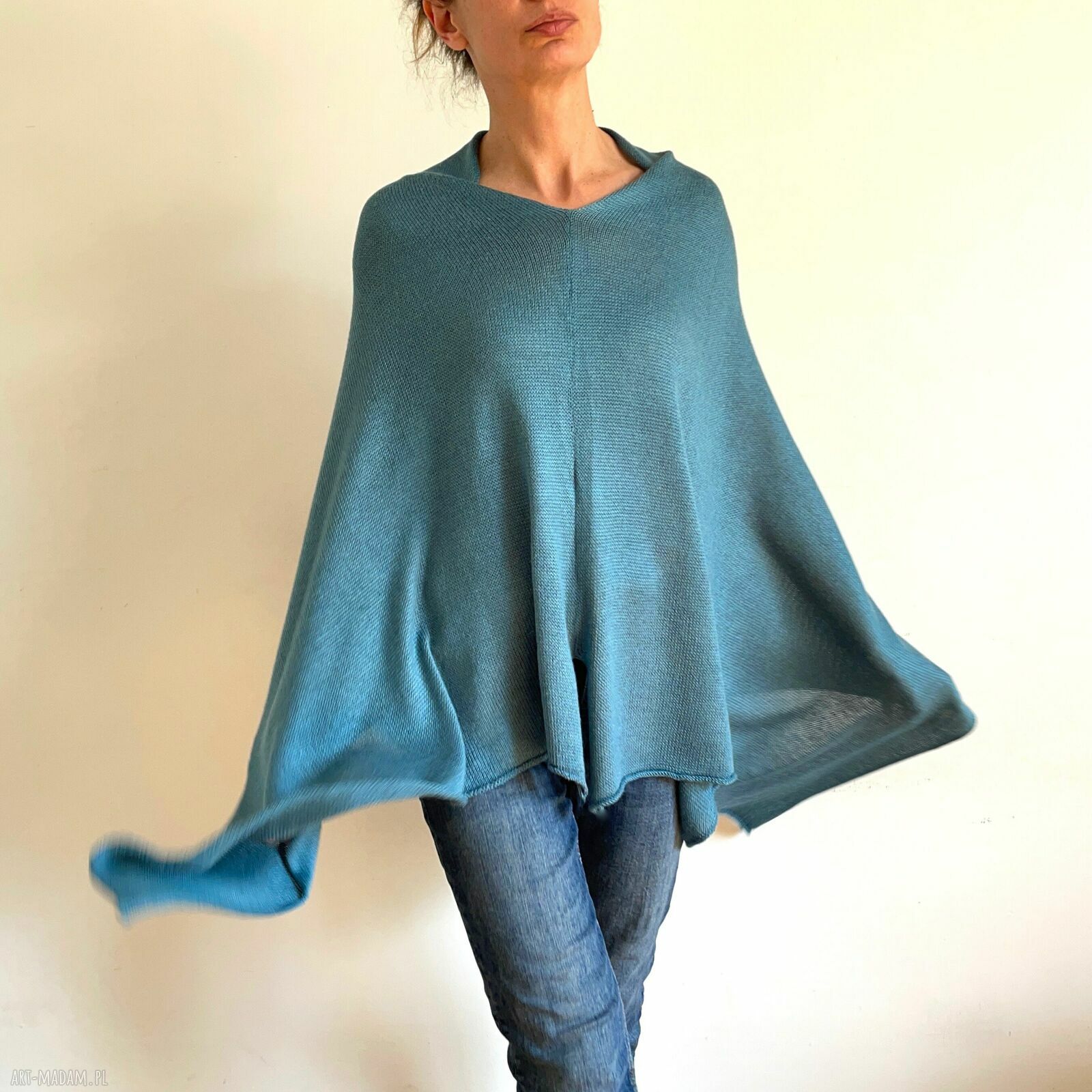 Niebieskie ponczo z wełny merino - ręcznie robiona tunika narzutka oversize
