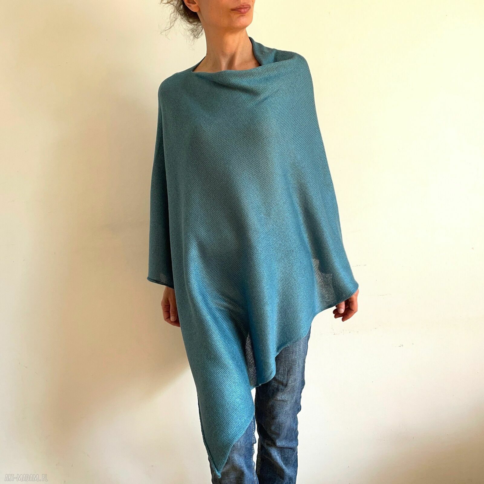 Niebieskie ponczo z wełny merino - ręcznie robiona tunika narzutka oversize