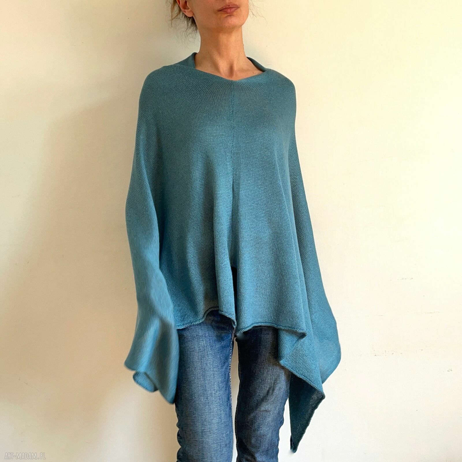 Niebieskie ponczo z wełny merino - ręcznie robiona tunika narzutka oversize