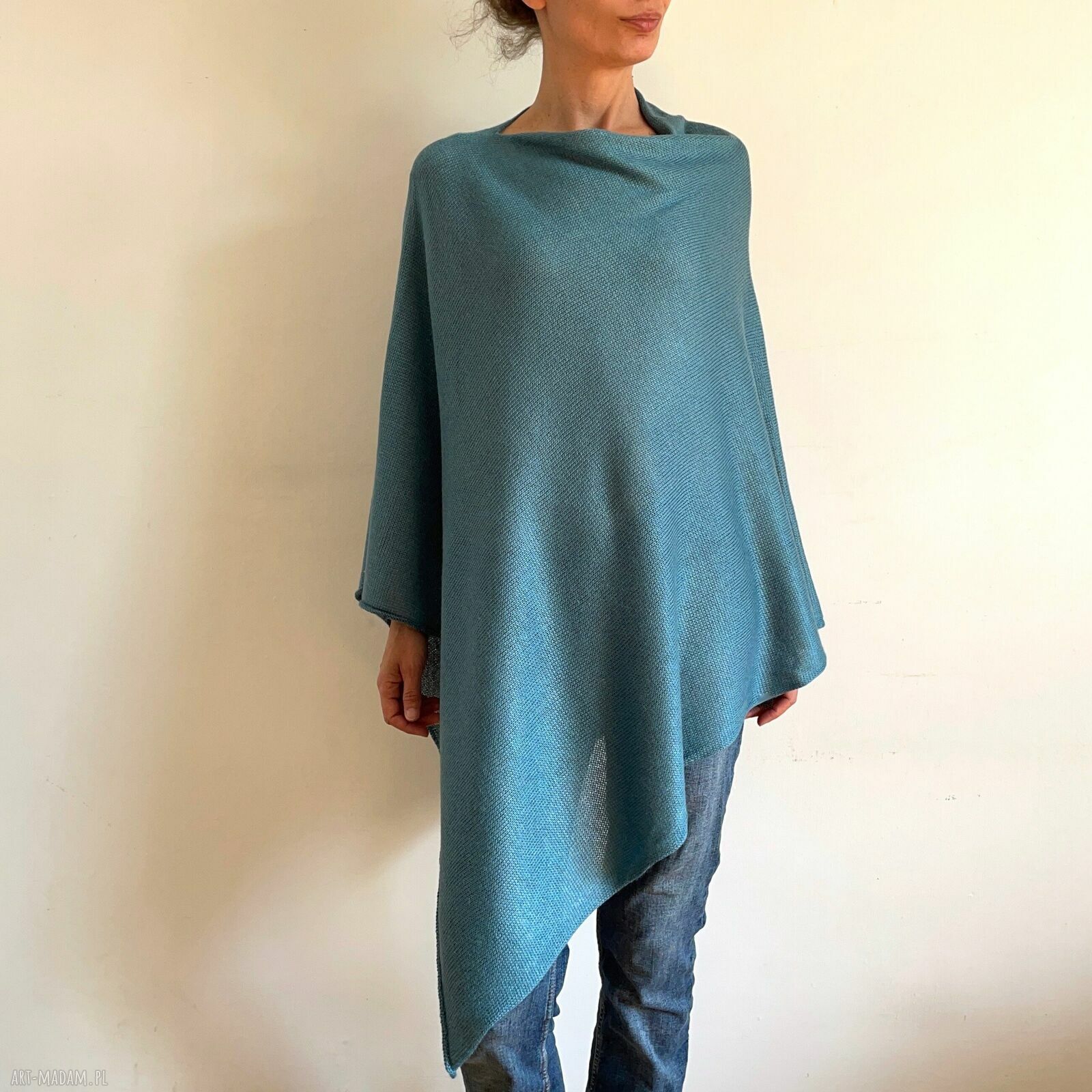 Niebieskie ponczo z wełny merino - ręcznie robiona tunika narzutka oversize