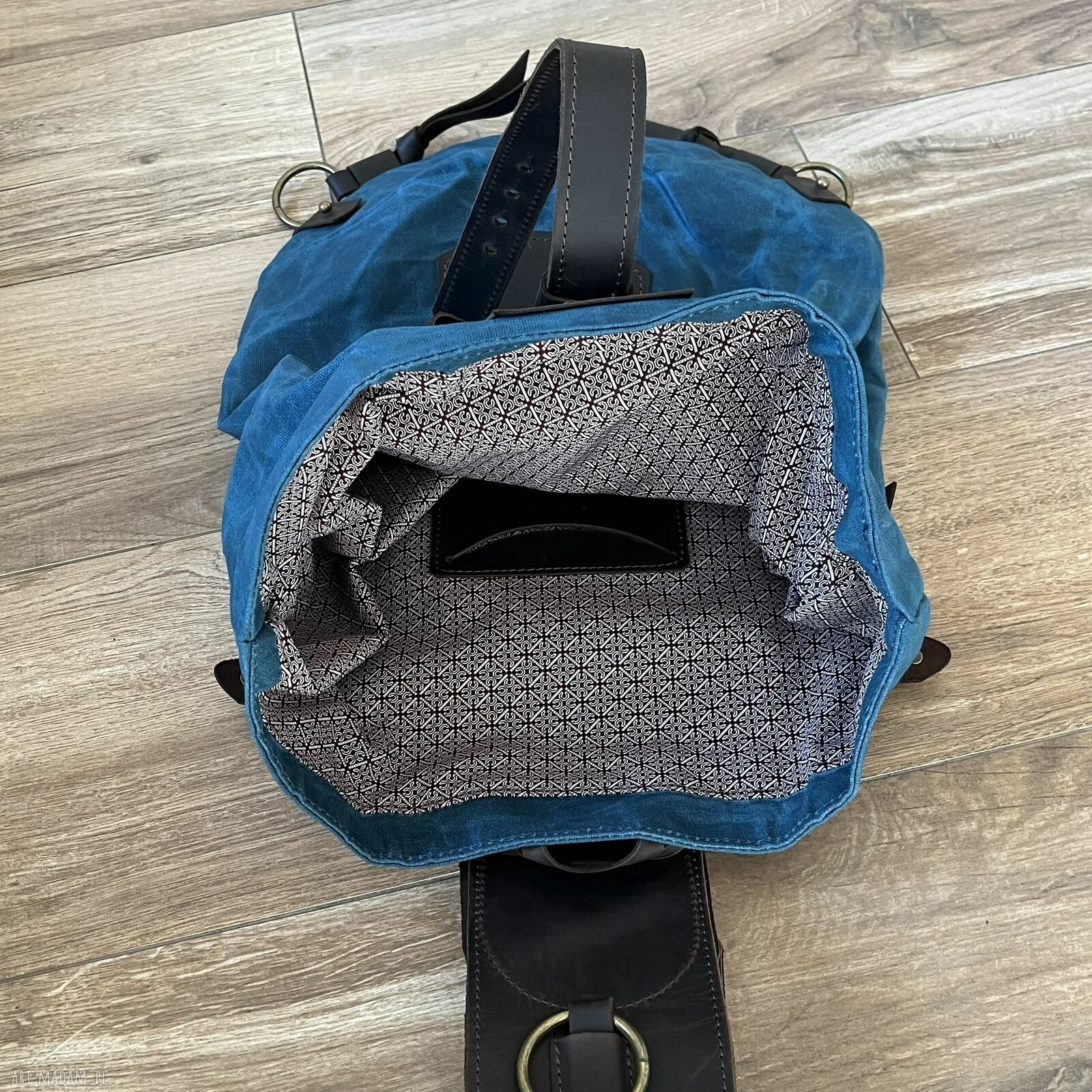 plecaki: Niebiesko brązowy plecak „Bukłak” z bawełny woskowanej i skóry w stylu Vintage