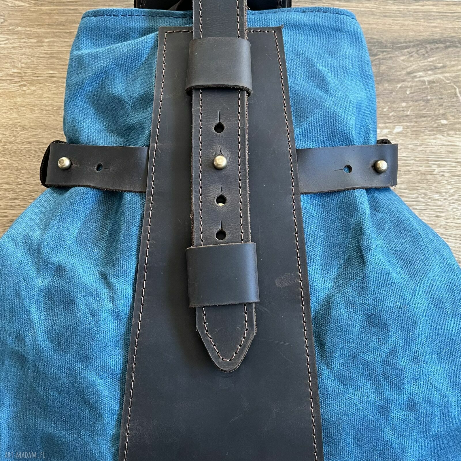 plecaki: Niebiesko brązowy plecak „Bukłak” z bawełny woskowanej i skóry w stylu Vintage