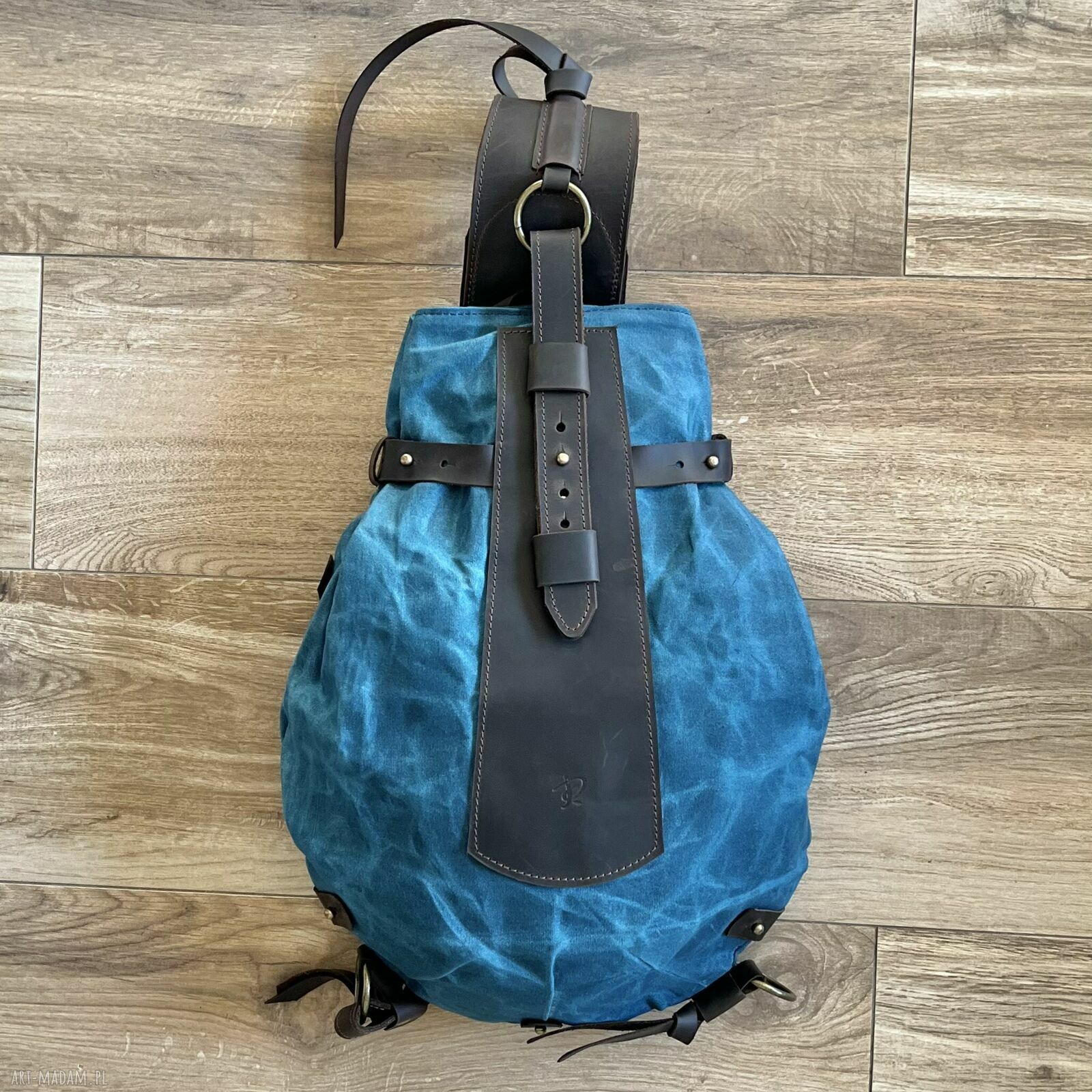 Niebiesko brązowy plecak „bukłak” bawełny woskowanej skóry stylu