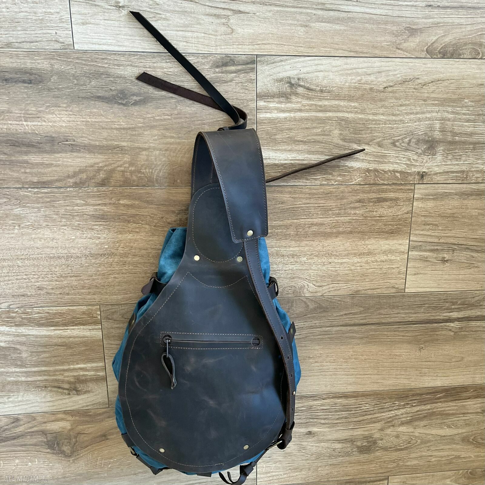 plecaki: Niebiesko brązowy plecak „Bukłak” z bawełny woskowanej i skóry w stylu Vintage