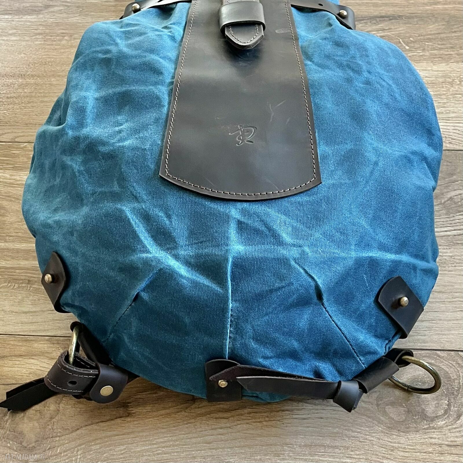 plecaki: Niebiesko brązowy plecak „Bukłak” z bawełny woskowanej i skóry w stylu Vintage